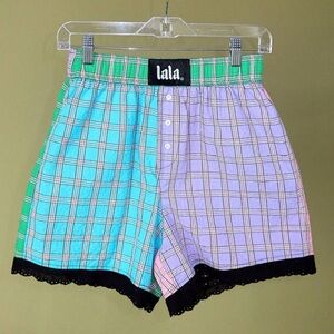Dressed in LALA Pastel Plaid Patchwork Shorts — Aqua, Lavender, Green, Pink